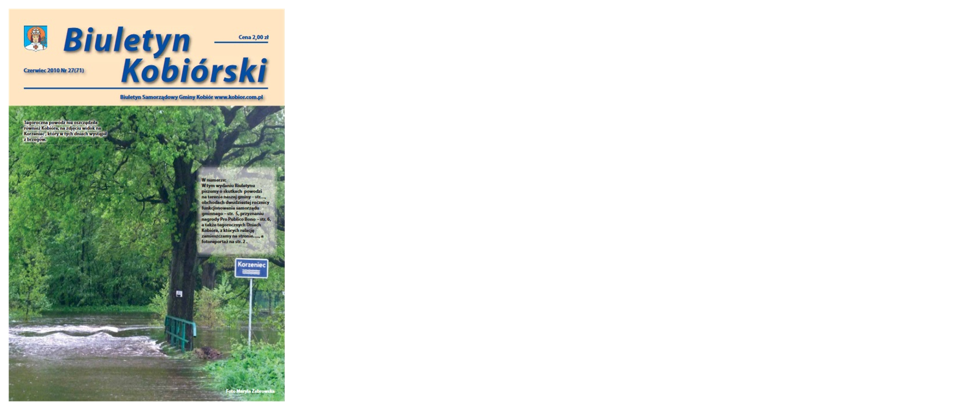Zdjęcie przedstawia okładkę biuletynu kobiórskiego z czerwca 2010 roku na której widać rzekę Korzyniec