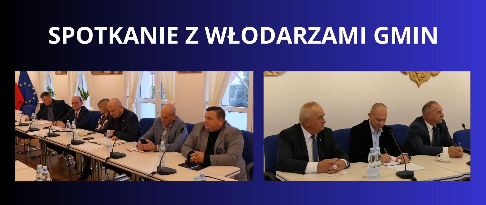Granatowe tło z białym napisem "Spotkane z włodarzami gmin". Pod napisem dwa zdjęcia ze spotkania.