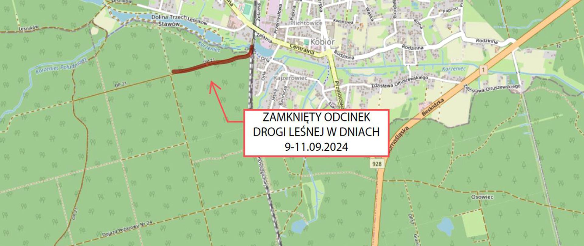 Mapka z zaznaczonym na czerwono zamkniętym odcinkiem drogi leśnej