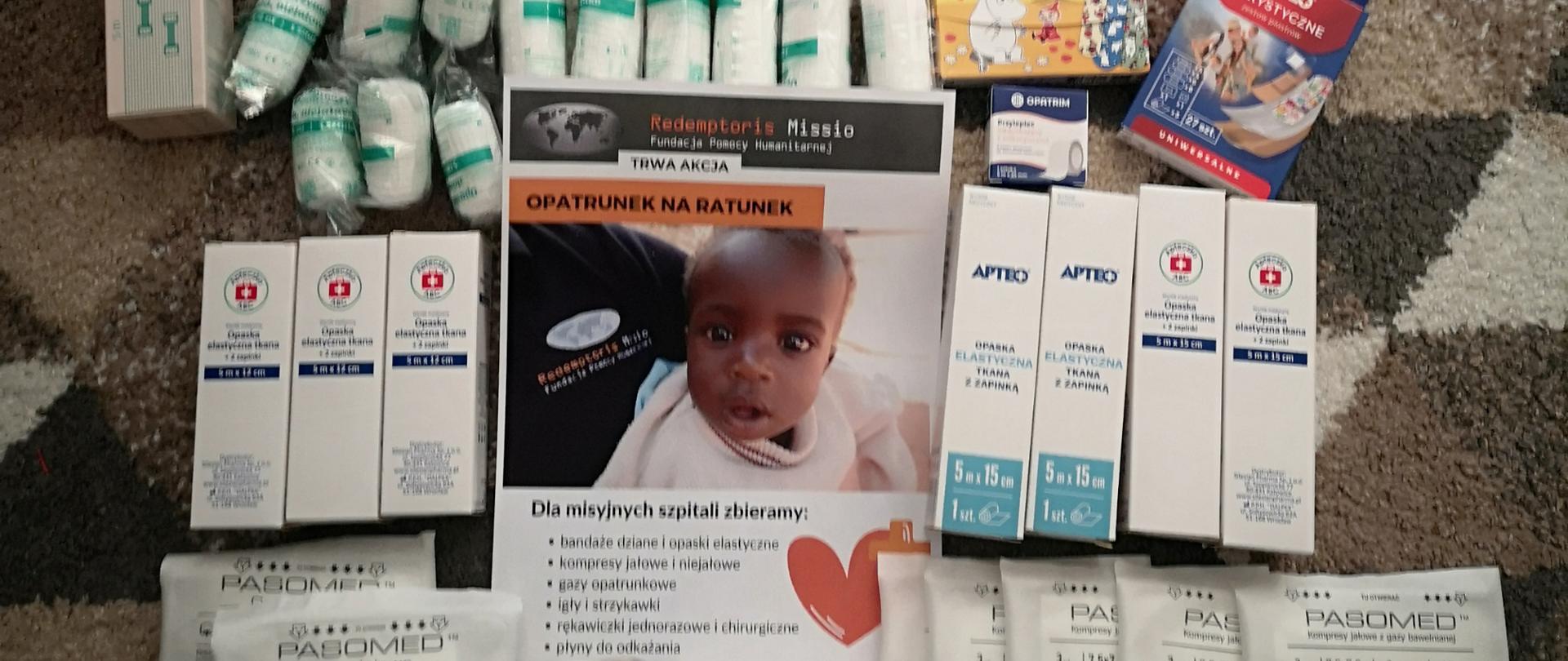 Zdjęcie przedstawia środki opatrunkowe zebrane podczas akcji