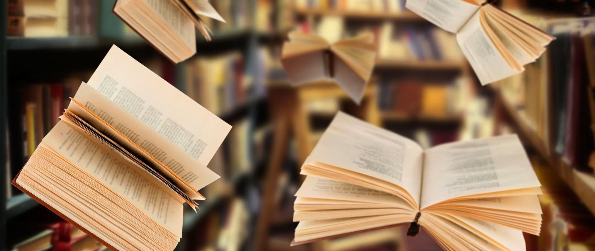 Flying open books in library