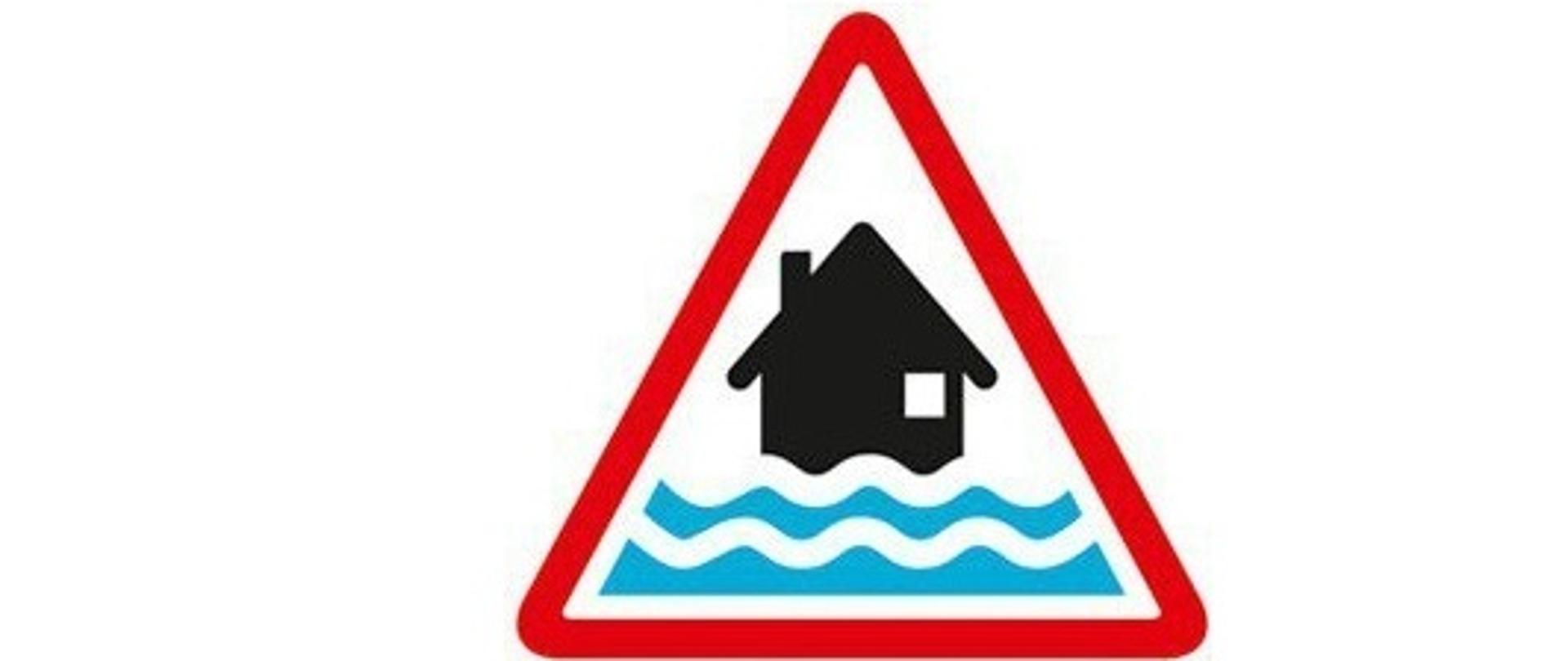 znak w formie czerwonego trójkątnego obramowania, w środku czarny dom i pod nim niebieskie fale wody