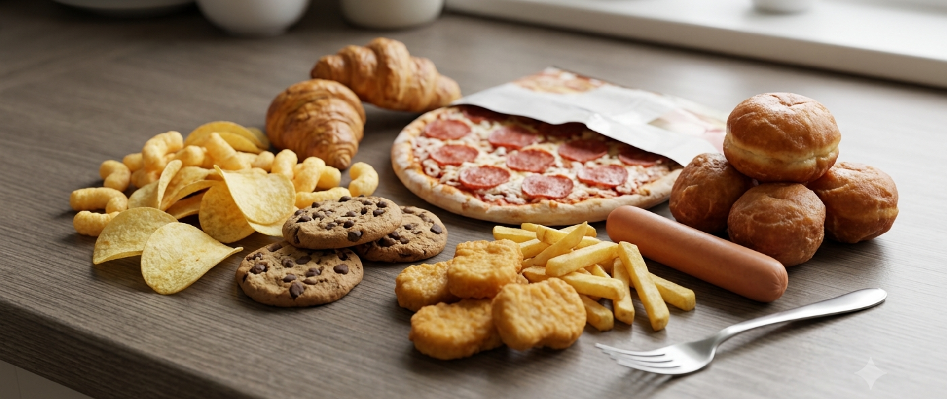 Zdjęcie przedstawia produkty z podwyższoną zawartością izomerów typu: pączki, pizza, chrupki. chipsy itp.