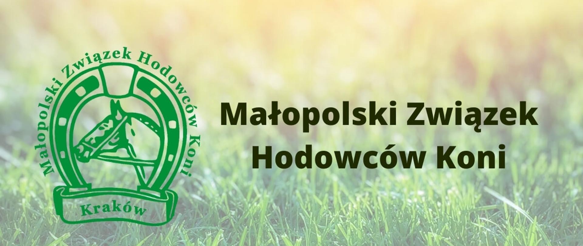 Grafika przedstawia na półtransparentnym tle trawy z lewej strony zielone logo z obrysem łba konia z profilu w podkowie oraz napis Małopolski Związek Hodowców Koni Kraków. Z prawej strony ciemnozielony napis Małopolski Związek Hodowców Koni