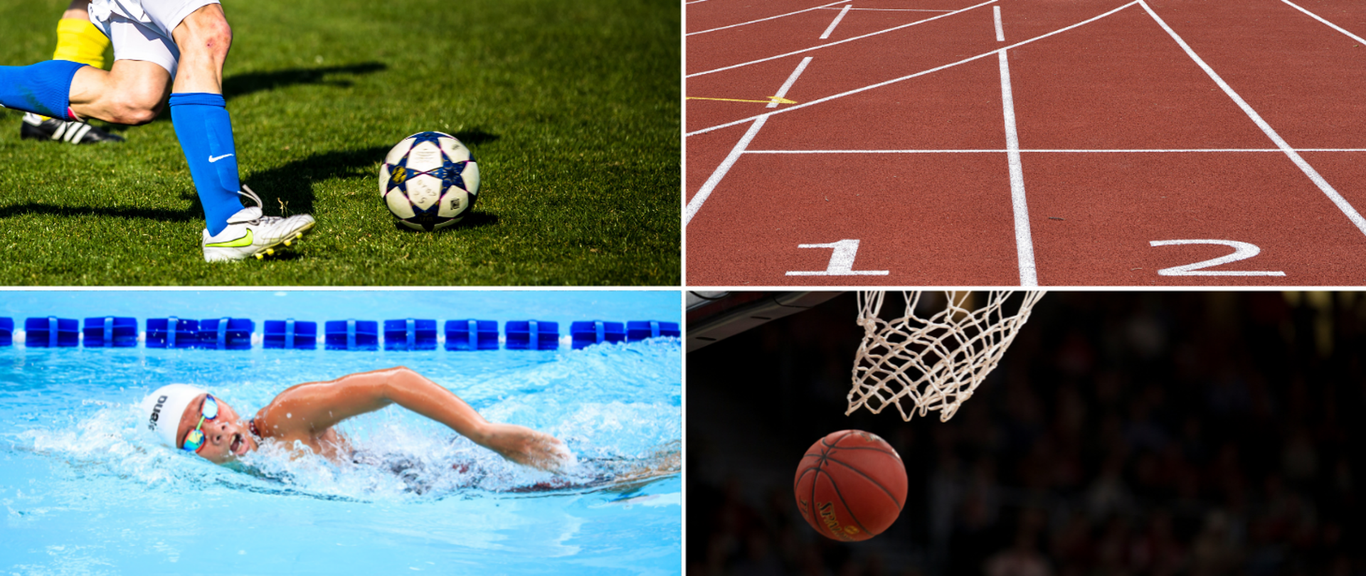 Sporty - kolaż zdjęć: piłka nożna, bieżnia, pływanie, koszykówka