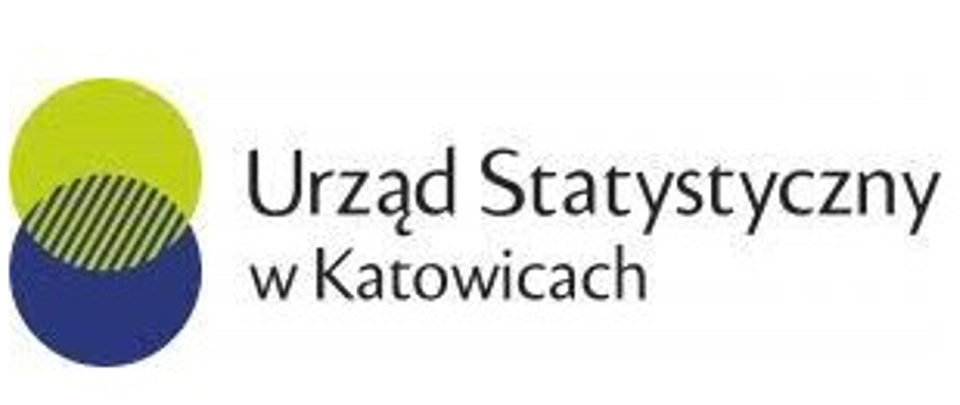 Logo Urzędu Statystycznego w Katowicach. Na białym tle zachodzące na siebie w układzie pionowym dwa koła, żółte i niebieskie, tworzące część wspólną. Z prawej strony napis Urząd Statystyczny w Katowicach