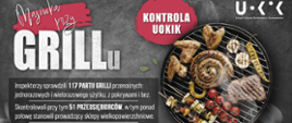 Grafika przedstawia:po prawej stronie na tle przedstawiającym widok z góry grilla, na którym znajdują się produkty żywnościowe, po prawej stronie napis - Majówka przy grillu. Kontrola UOKiK. Inspektorzy sprawdzili 117 partii grilli przenośnych: jednorazowych i wielorazowego użytku, z pokrywami i bez. Skontrolowali przy tym 51 przedsiębiorców, w tym ponad połowę stanowili prowadzący sklepy wielkopowierzchniowe.