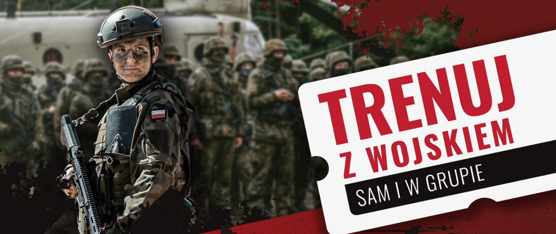 kolorowy plakat z motywem wojska z napisem z prawej strony "TRENUJ Z WOJSKIEM SAM I W GRUPIE"
