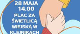 Na niebieskim tle grafika uściśniętych dłoni oraz informacje organizacyjne