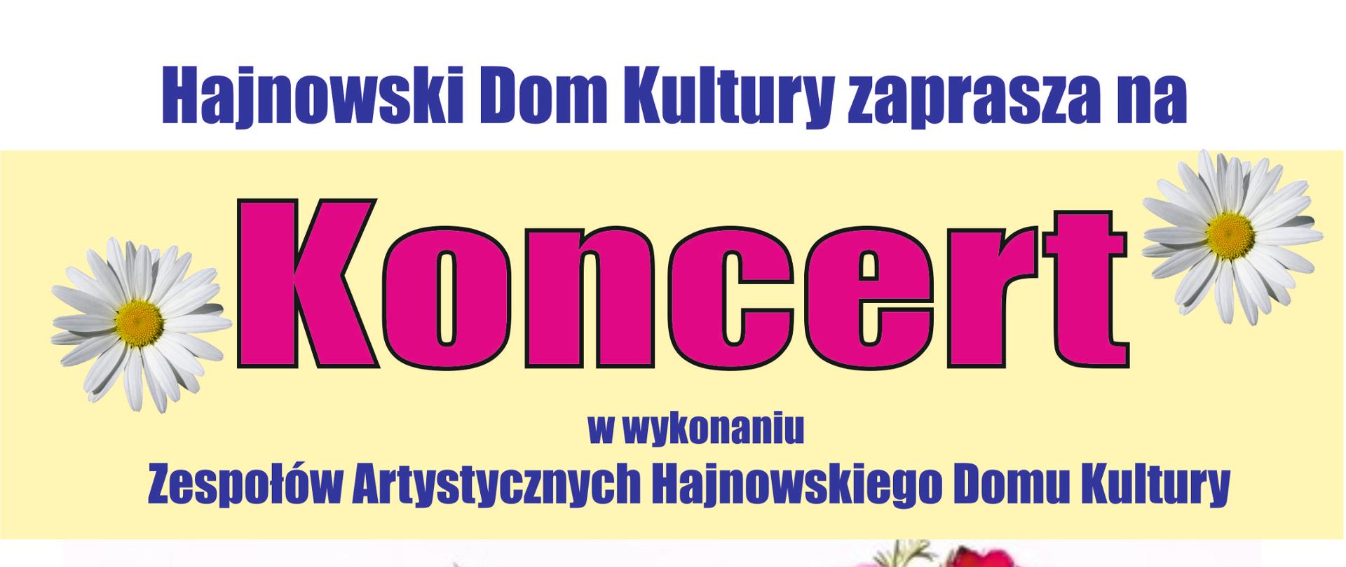 Plakat promujący wydarzenie - na kolorowym żółto-białym tle napisy organizacyjne, nazwa koncertu umieszczona w grafice różowego serca, które okalają kwiaty