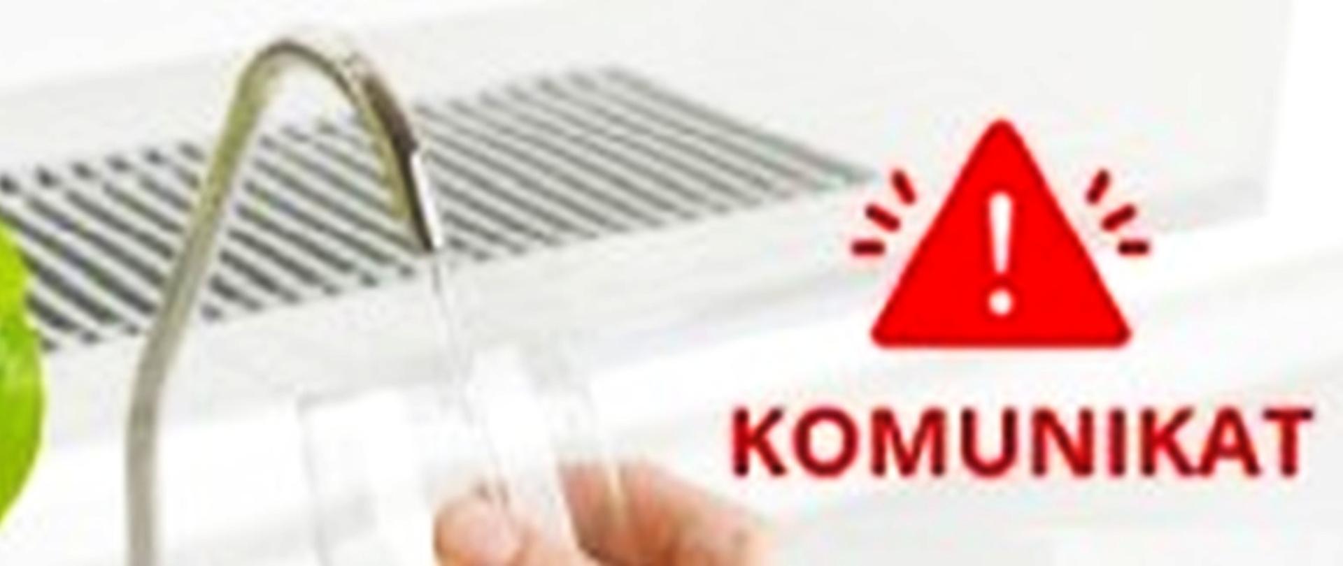 zdjęcie przedstawia po lewej stronie kran z wodą, po prawej stronie grafiki na beżowym tle napis Komunikat