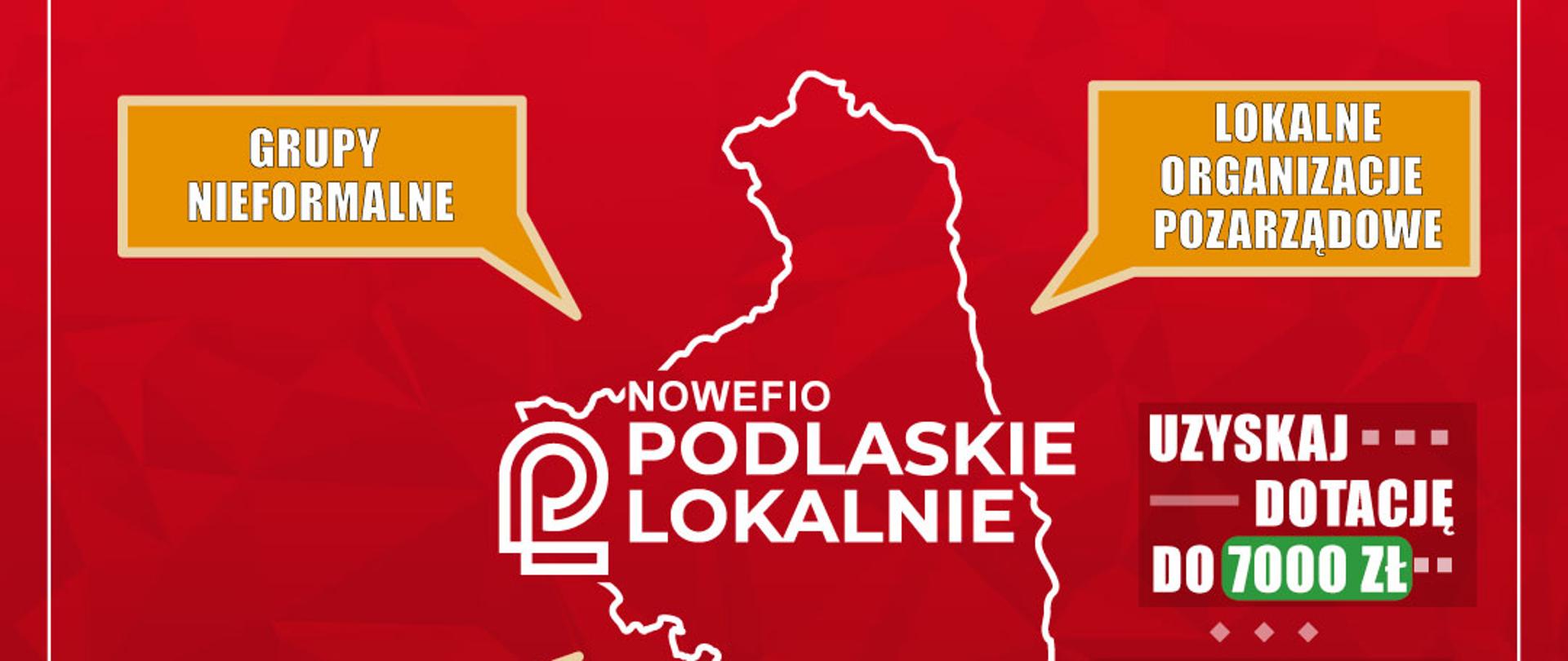 Zdjęcie przedstawia czerwony plakat z napisem nabór wniosków i informacjami o naborze, na plakacie jest kontur województwa podlaskiego oraz wymienieni są partnerzy