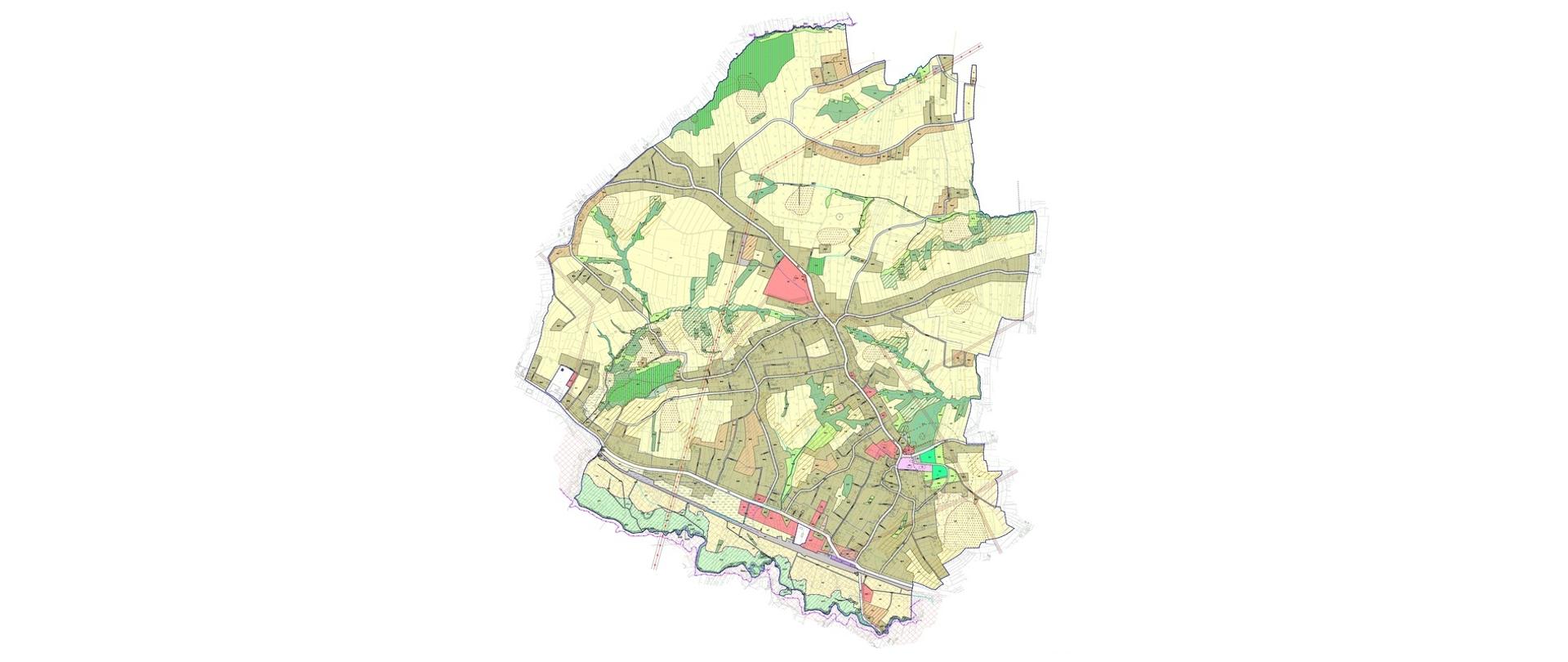 Poglądowa miniatura mapy miejscowości z podziałem na poszczególne obszary zagospodarowania przestrzennego