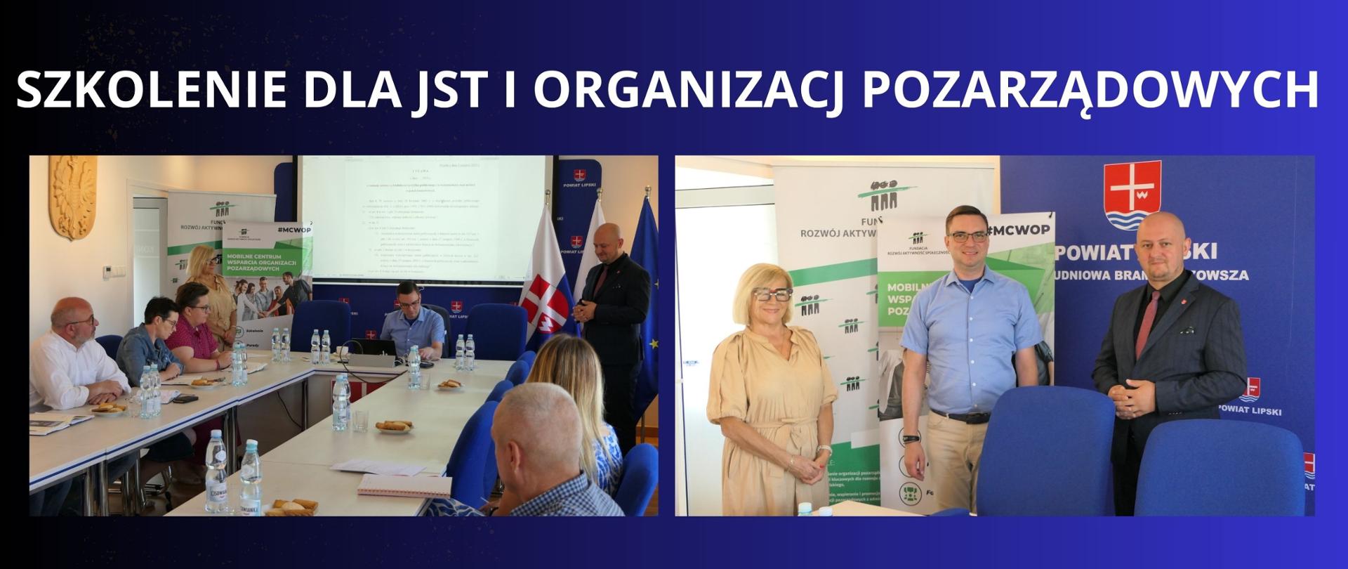 biały napis na granatowym tle " Szkolenie dla JST i Organizacji Pozarządowych" dwa zdjęcia przedstawiające uczestników szkolenia siedzących przy stołach w sali konferencyjnej Starostwa Powiatowego w Lipsku.