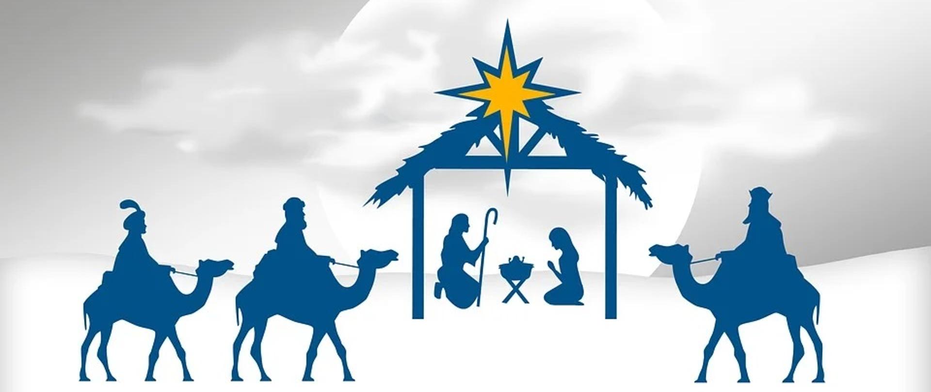 zdjęcie w barwach biało niebieskich, przedstawią szopkę bożonarodzeniową i trzech mędrców