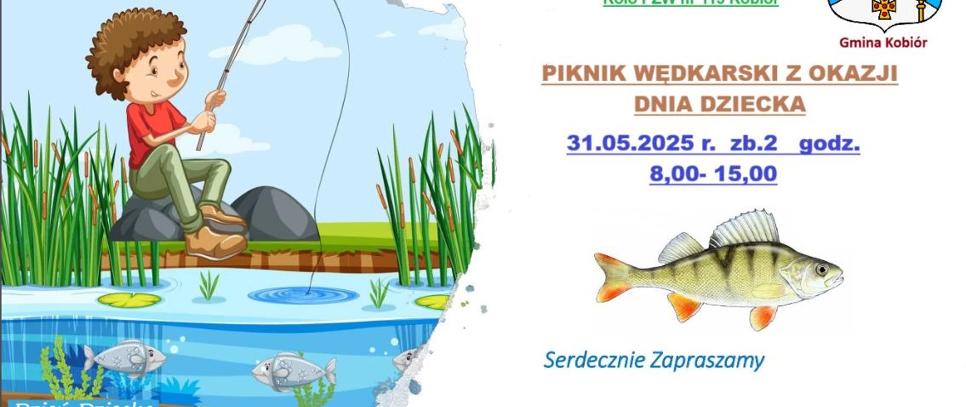 Chłopiec łowiący ryby obok informacja o pikniku wędkarskim