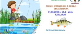Chłopiec łowiący ryby obok informacja o pikniku wędkarskim