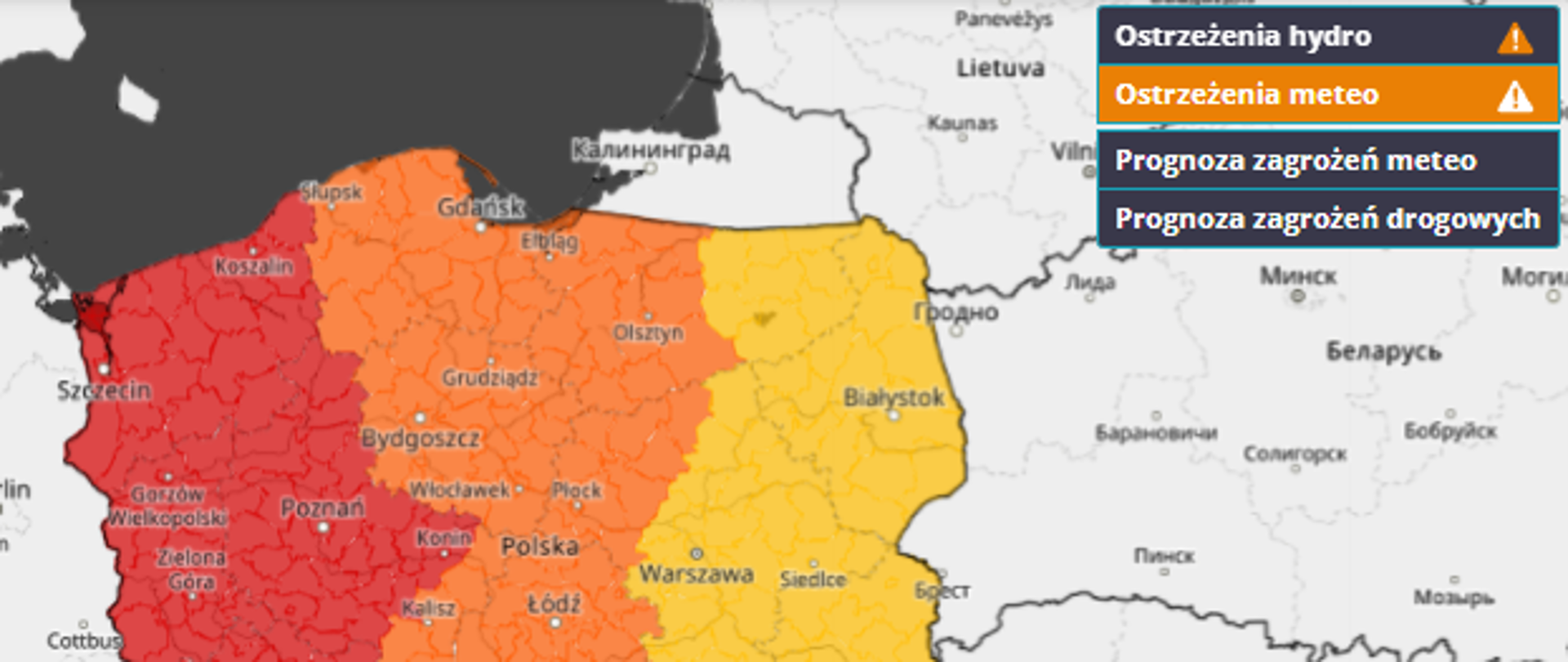 mapka Polski z ostrzeżeniem dotyczącymi silnego wiatru