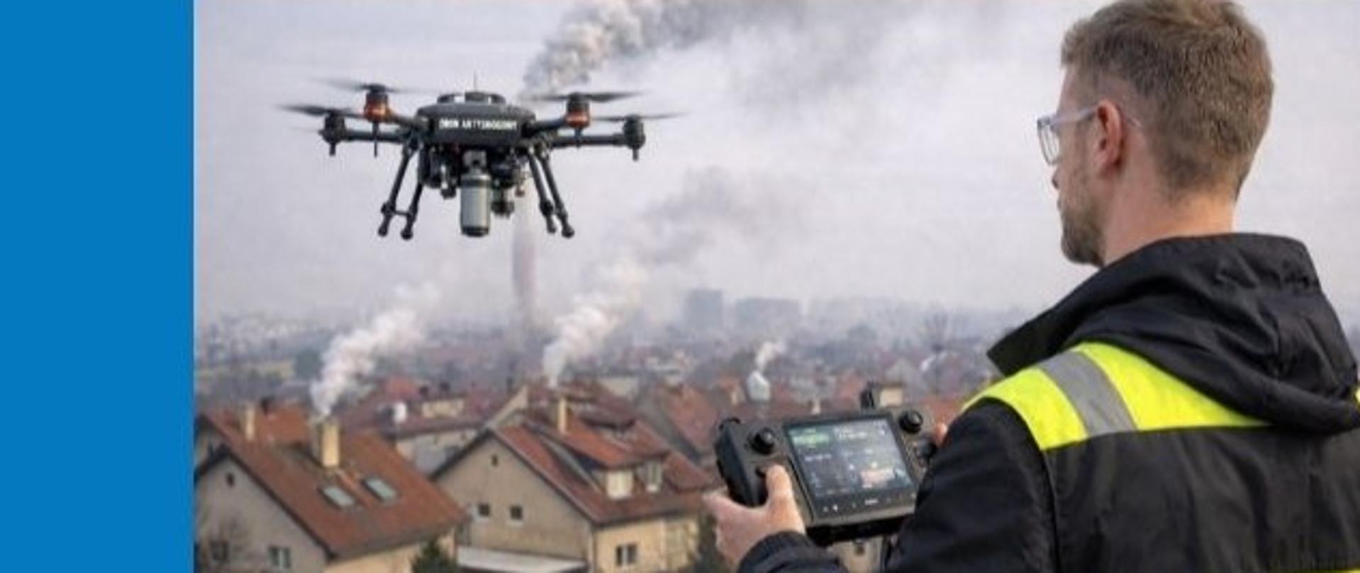 niebieskie tło białe litery na dole w prawym rogu mężczyzna w kamizelce odblaskowej steruje dronem nad miastem 