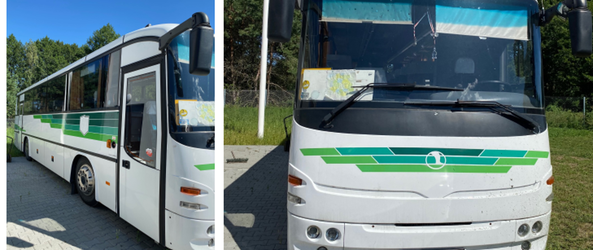 Biały autobus z zielonymi pasami w ujęciu od przodu i z boku ze skosa
