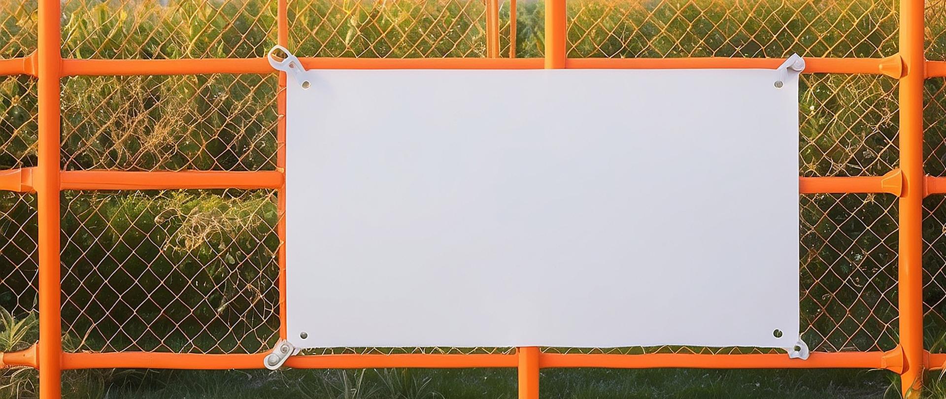 Pusty biały baner zawieszony na pomarańczowym plastikowym ogrodzeniu z siatką. W tle widoczne zielone krzewy i roślinność, a nad nimi niebo o poranku lub przed zachodem słońca