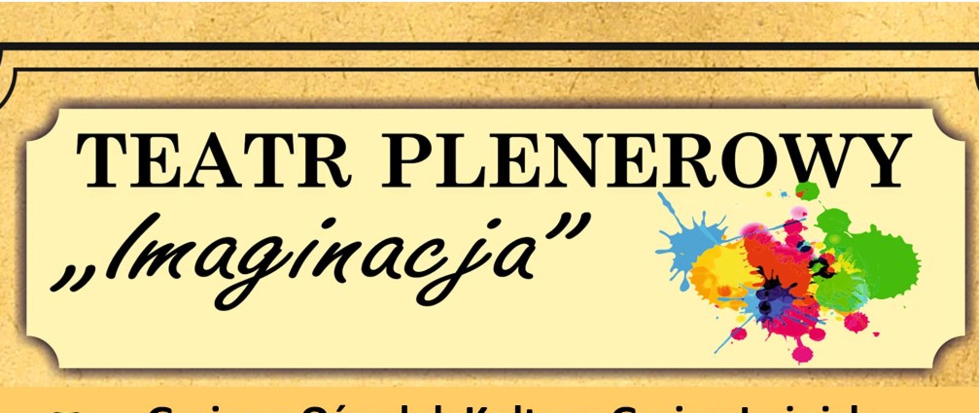żółte tło, czarne litery zaproszenie na teatr na dole pięć zdjęć przedstawiające ludzi, grających teatr 