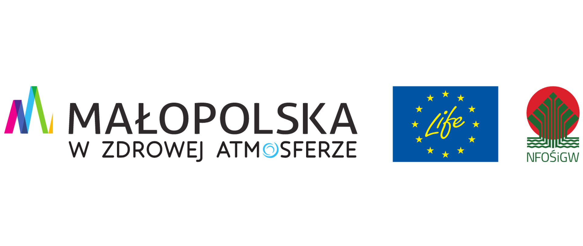 Logo Małopolski wraz z logo programu life (Żółty napis na niebieskim tle) oraz narodowego Funduszu Ochrony Środowiska i Gospodarki Wodnej (skrót NFOŚiGW napisany zielonymi literami)