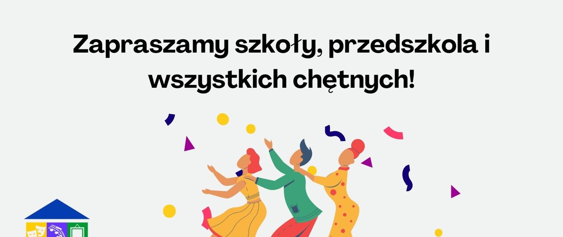 Na szarym tle informacje organizacyjne wraz z grafiką trzech tańczących postaci