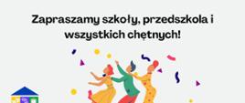 Na szarym tle informacje organizacyjne wraz z grafiką trzech tańczących postaci