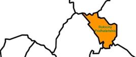 Zdjęcie przedstawia zarys gminy Raba Wyżna z zaznaczonym na kolor pomarańczowy Sołectwem Rokiciny Podhalańskie