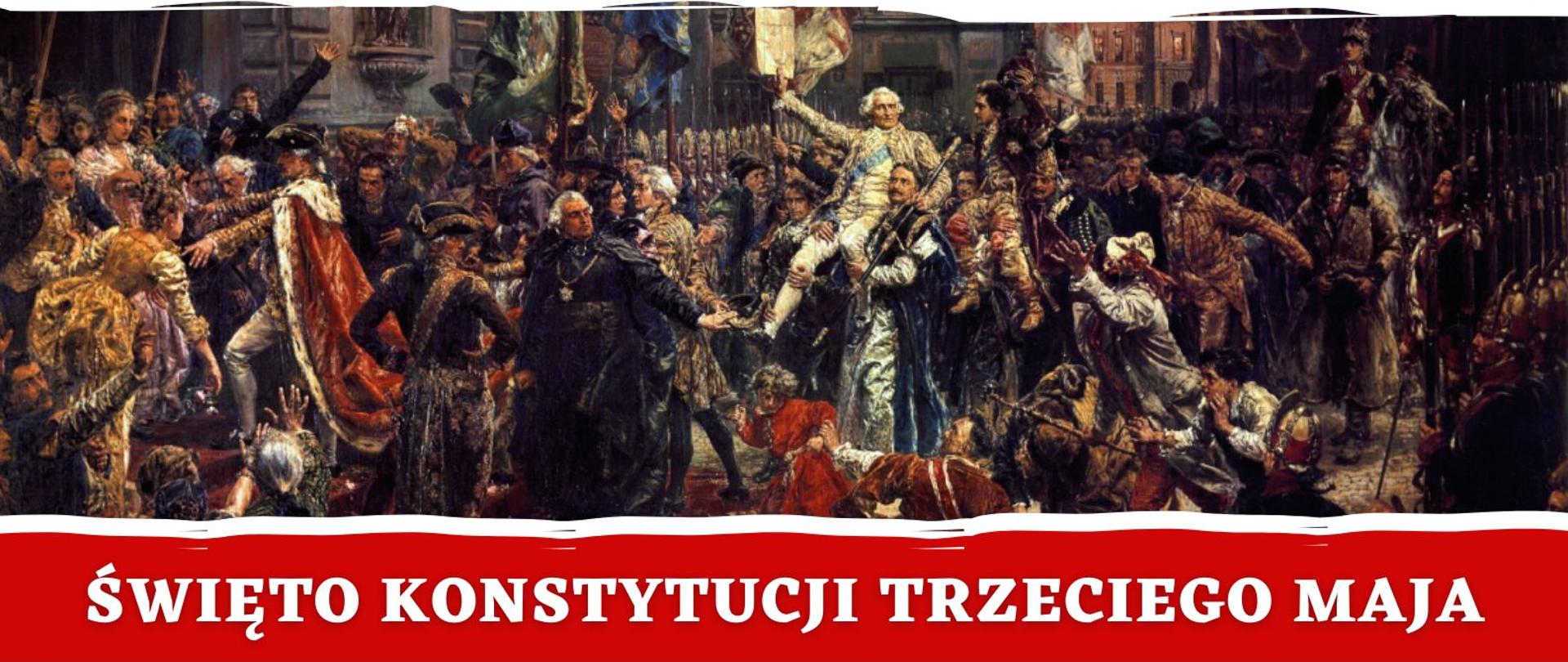 Plakat - Program obchodów Święta Konstytucji 3 maja. W górnej części obraz Jana Matejki "Konstytucja 3 Maja", w dolnej części program obchodów. 