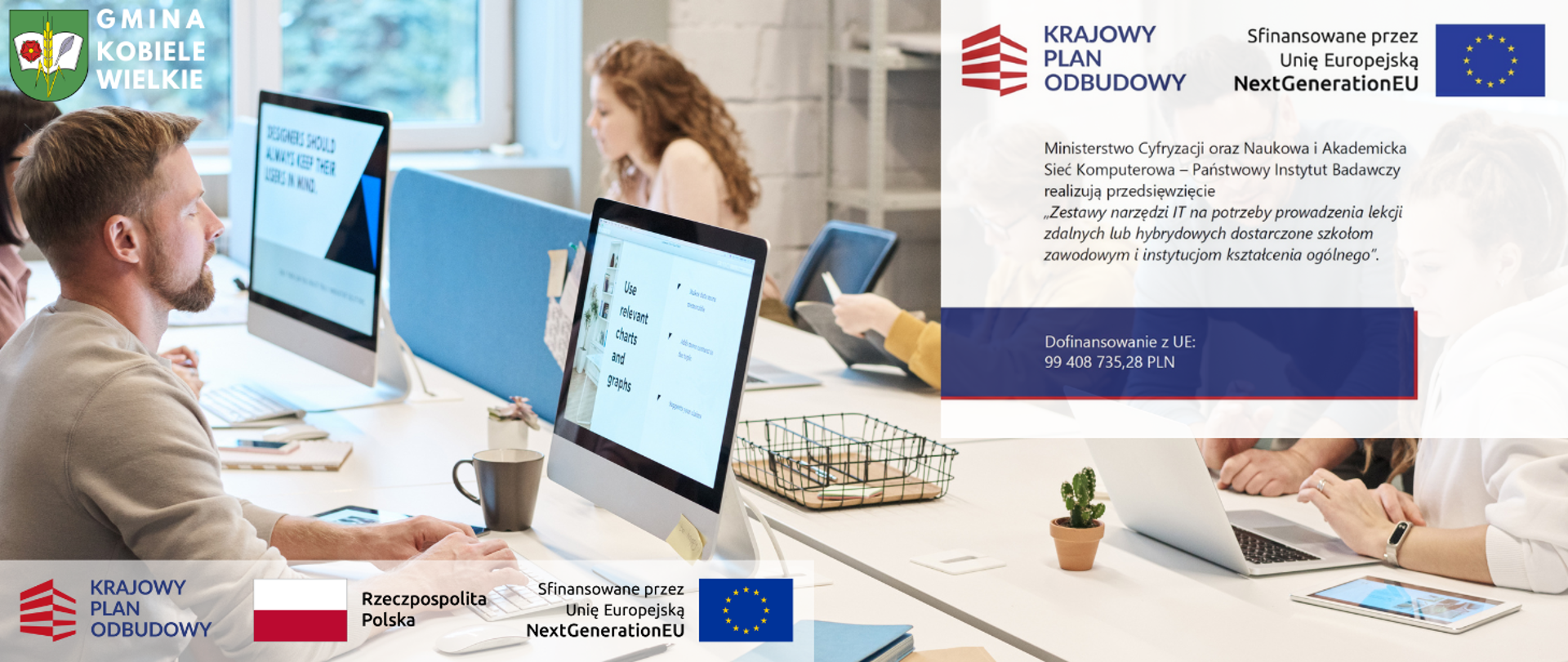 Grafika przedstawiająca realizację projektu z zakresu wykorzystania narzędzi IT w edukacji. Na obrazie widoczne są osoby pracujące przy komputerach oraz logotypy Gminy Kobiele Wielkie, Krajowego Planu Odbudowy i Unii Europejskiej (NextGenerationEU), wraz z informacją o dofinansowaniu projektu ze środków UE.