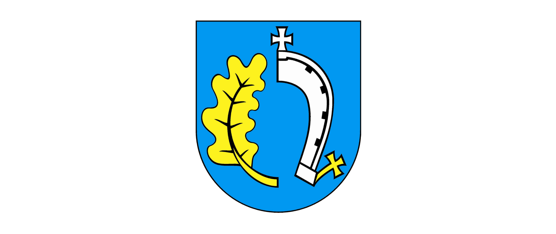 Herb gminy Krzynowłoga Mała o polu błękitnym przedstawia: po prawej stronie złoty liść dębowy, po lewej stronie połowę podkowy srebrnej z krzyżem kawalerskim oraz zaćwieczonym ukośnie przy ocelu takim samym złotym krzyżem.