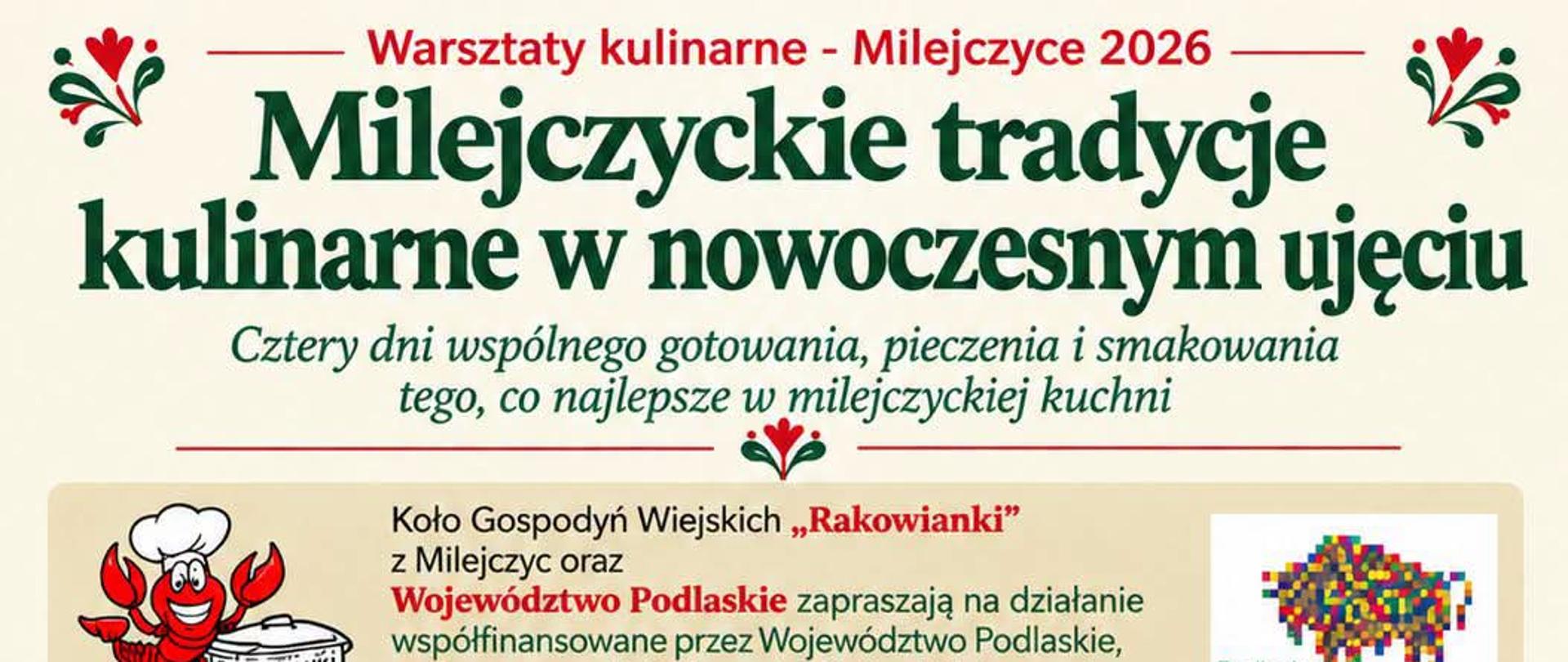 Zdjęcie przedstawia plakat warsztatów kulinarnych które odbędą się 20.09.2026 jest na nich rak w stroju kucharza, logo województwa podlaskiego o raz plan