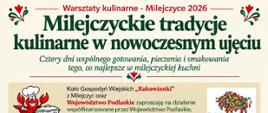 Zdjęcie przedstawia plakat warsztatów kulinarnych które odbędą się 20.09.2026 jest na nich rak w stroju kucharza, logo województwa podlaskiego o raz plan
