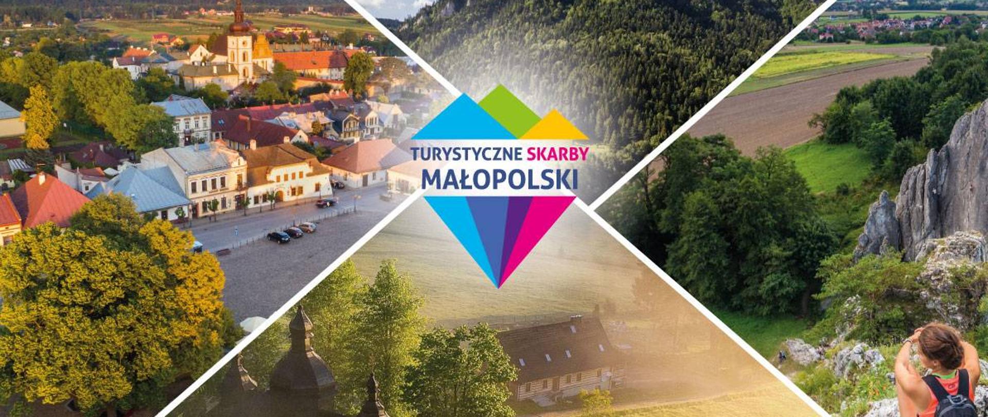 zdjęcie przedstawia kolaż zdjęć przedstawiających miejsca z terenu małopolski, na środku znajduje się logo i napis TURYSTYCZNE SKARBY MAŁOPOLSKI.