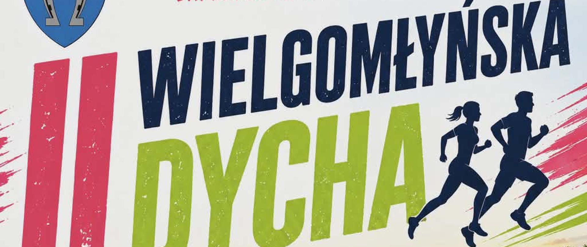 Plakat informujący o biegu „II Wielgomłyńska Dycha”, który odbędzie się 1 sierpnia 2026 roku o godzinie 16:00. Na górze widnieje logo gminy oraz grafika z biegnącą parą. W środku umieszczono zdjęcie wiejskiego krajobrazu z dużą datą, a poniżej mapę 10-kilometrowej trasy.Kluczowe informacje na plakacie:Start i meta: Filia GOKiS w Zagórzu (Zagórze 24 A).Zapisy: Internetowo na www.e-gepard.eu (od 20.06 do 25.07.2026 r.) lub na miejscu w dniu biegu od 13:30.Opłata startowa: 30 zł dla mieszkańców Gminy Wielgomłyny, 60 zł dla pozostałych osób.Kontakt i regulamin: strona samorzad.gov.pl/web/gmina-wielgomlyny lub telefon 723 050 060.Hasło wydarzenia: „Razem ROZBIEGAJMY WIELGOMŁYNY!”.
