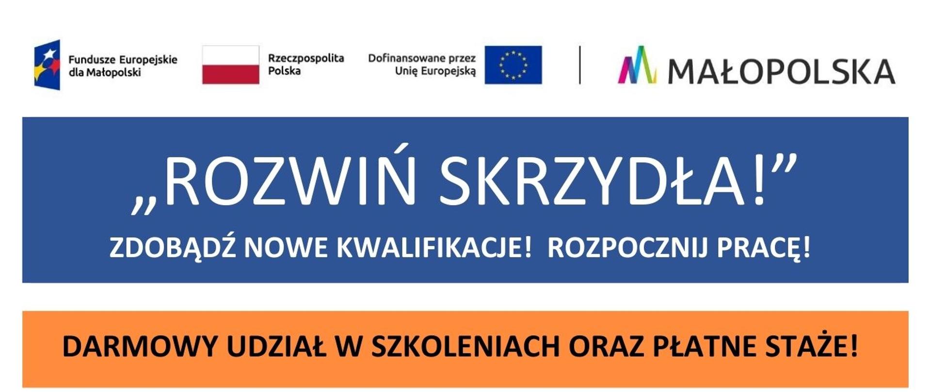 Plakat informacyjny projektu „Rozwiń skrzydła!” dla osób zwolnionych lub zagrożonych utratą pracy. Oferuje bezpłatne szkolenia, płatne staże, doradztwo zawodowe i wsparcie psychologiczne. Projekt współfinansowany z Funduszy Europejskich dla Małopolski.