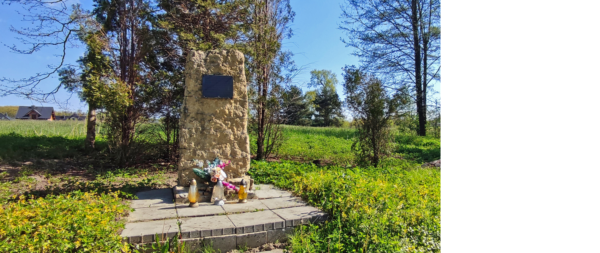 Obelisk upamiętniający więźniów podobozu KL Auschwitz-Birkenau w Kobiórze owinięty drutem kolczastym na którym powieszona jest tablica informacyjna. W tle rosną zielone drzewa.