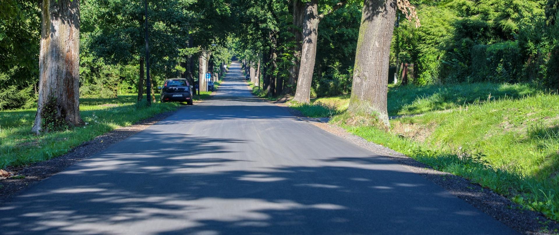 Droga przy której rosną drzewa. Z lewej strony stoi samochód na poboczu.