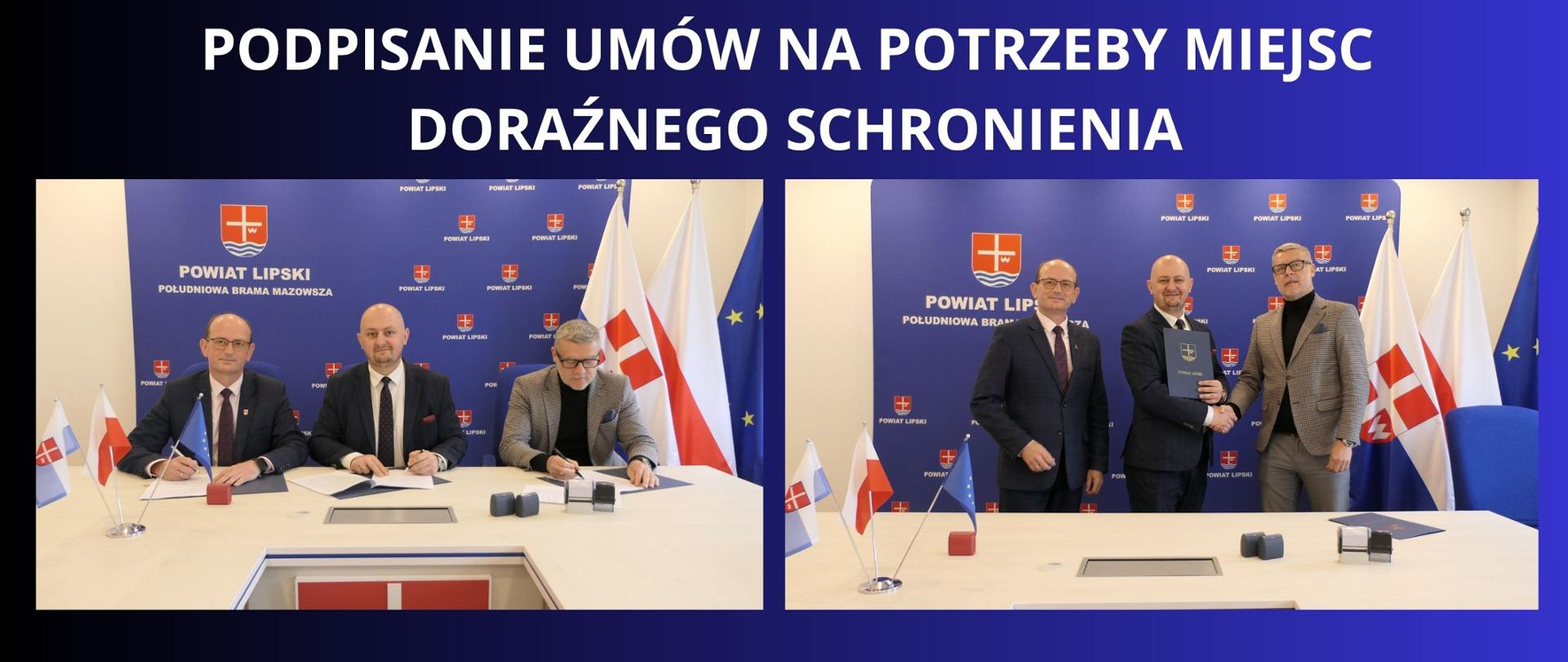 Granatowe tło z białym napisem "podpisanie umów na potrzeby Miejsc Doraźnego Schronienia". Pod napisem dwa zdjęcia z podpisania umów, przedstawiające władze Powiatu wraz z wykonawcą. 