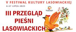 białe tło z lewej strony czerwone litery III Przegląd Pieśni Lasowiackich z prawej strony grafika starej ludowej zabawki ptak na kółkach do pchania 