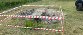 Zdjęcie przedstawia ogrodzony taśmami fragment trawnika, na którym znajduje się studnia głębinowa.