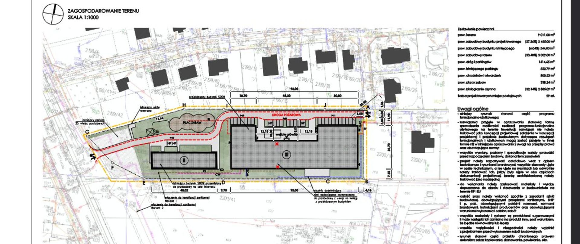 Grafika przedstawia plan budowy nowego Specjalnego Ośrodka Szkolno Wychowawczego w Przasnyszu.