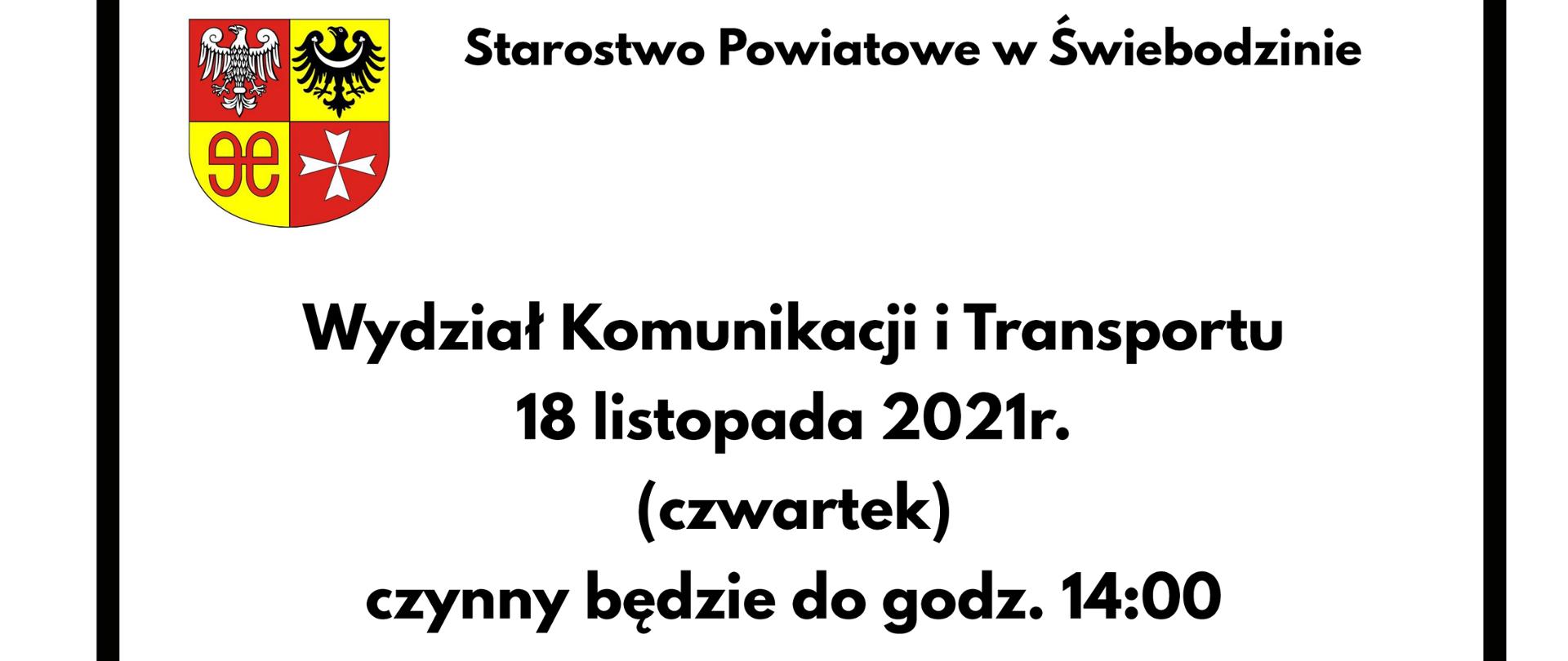 Wydział Komunikacji i Transportu będzie czynny w najbliższy czwartek do godz. 14:00