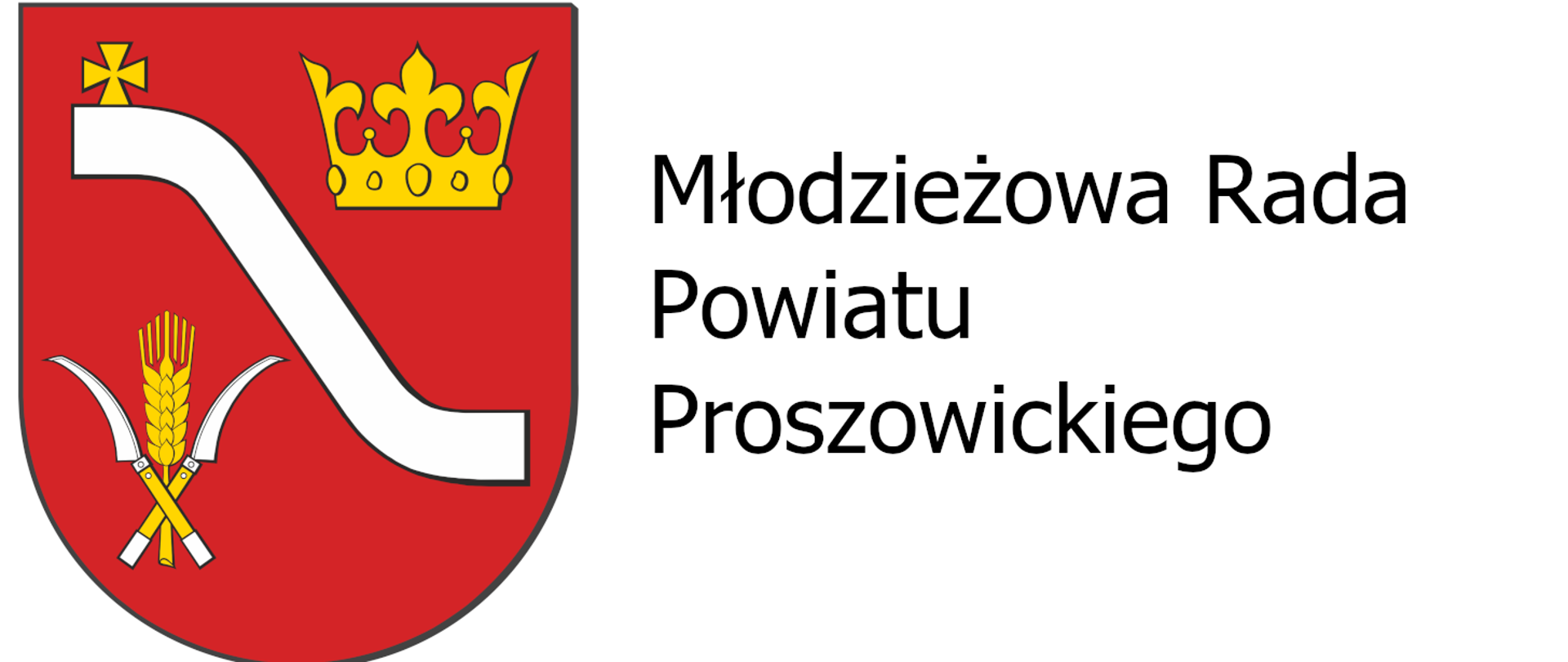 Herb Powiatu Proszowickiego. Po prawej stronie napis "Młodzieżowa Rada Powiatu Proszowickiego"
