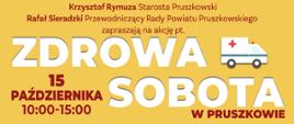 Zdrowa sobota - 15 października 2022 roku. - pomarańczowo bordowy plakat informujący o odbywających się w sobotę 15 października bezpłatnych badaniach