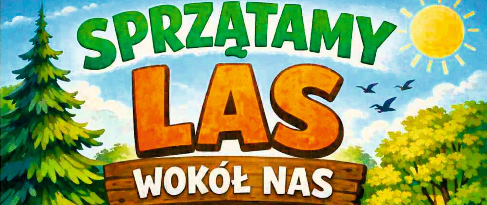 Napis: Sprzątamy las wokół nas, słońce, ptaki, las, drzewa, jeleń, dzieci z myśliwym, który trzyma worek z zebranymi śmieciami