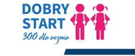 Logo z nasisem "Dobry Start 300 dla ucznia" oraz wizerunkami chłopca i dziewczynki noszących plecaki.