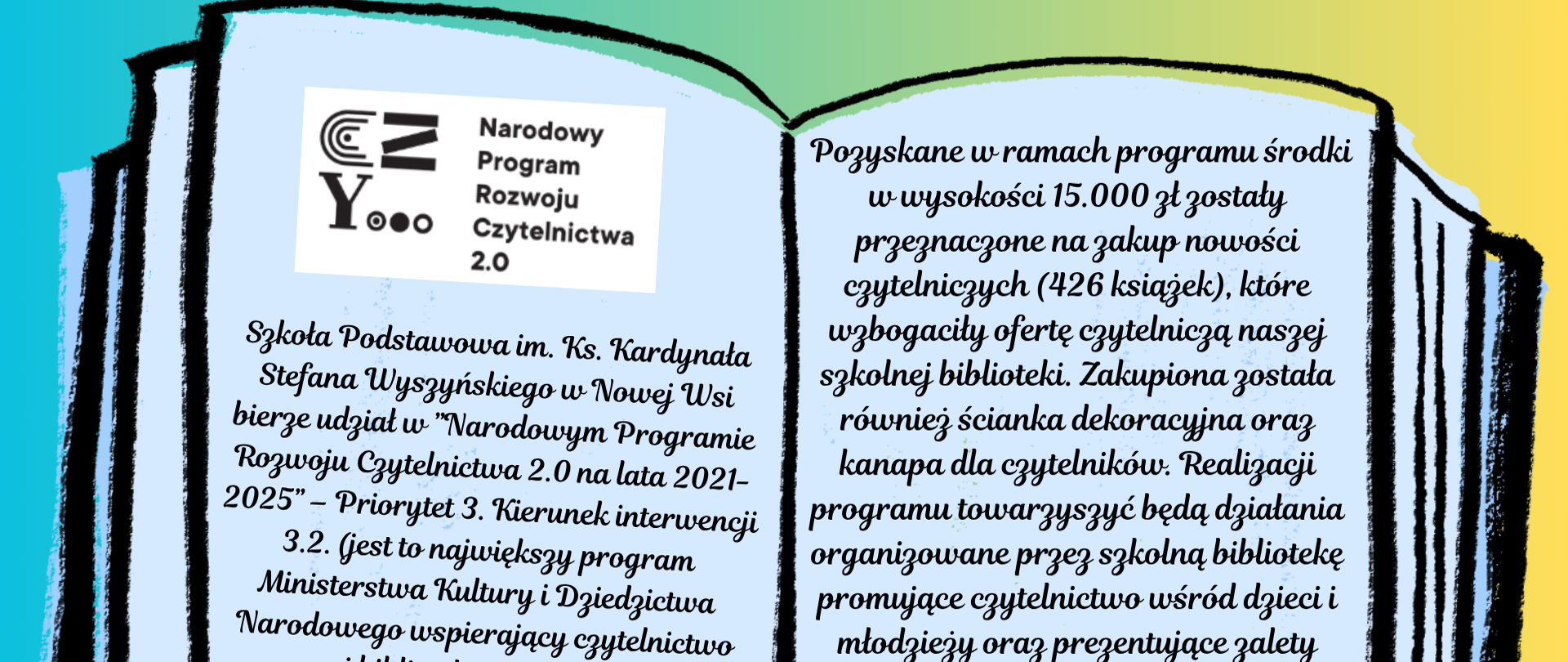 Grafika przedstawiająca otwartą książkę z logo programu i informacją o pozyskanych środkach